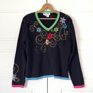 VTG Jack B Quick Artsy Sweater XL Floral Embroidered Beaded Sequin 90s Eclectic